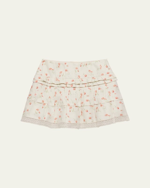 Flower Print Tiered Ruffle Linen Mini Skirt